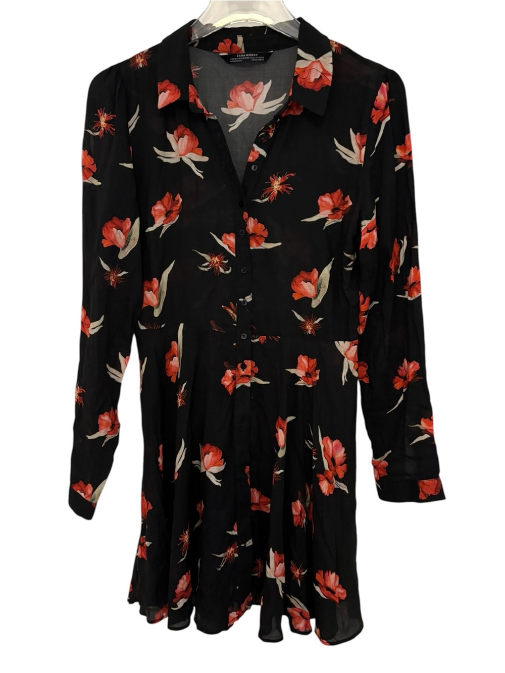 Zara Floral Shirt Dress Black Red Button Front Mini Dress Small Feminine